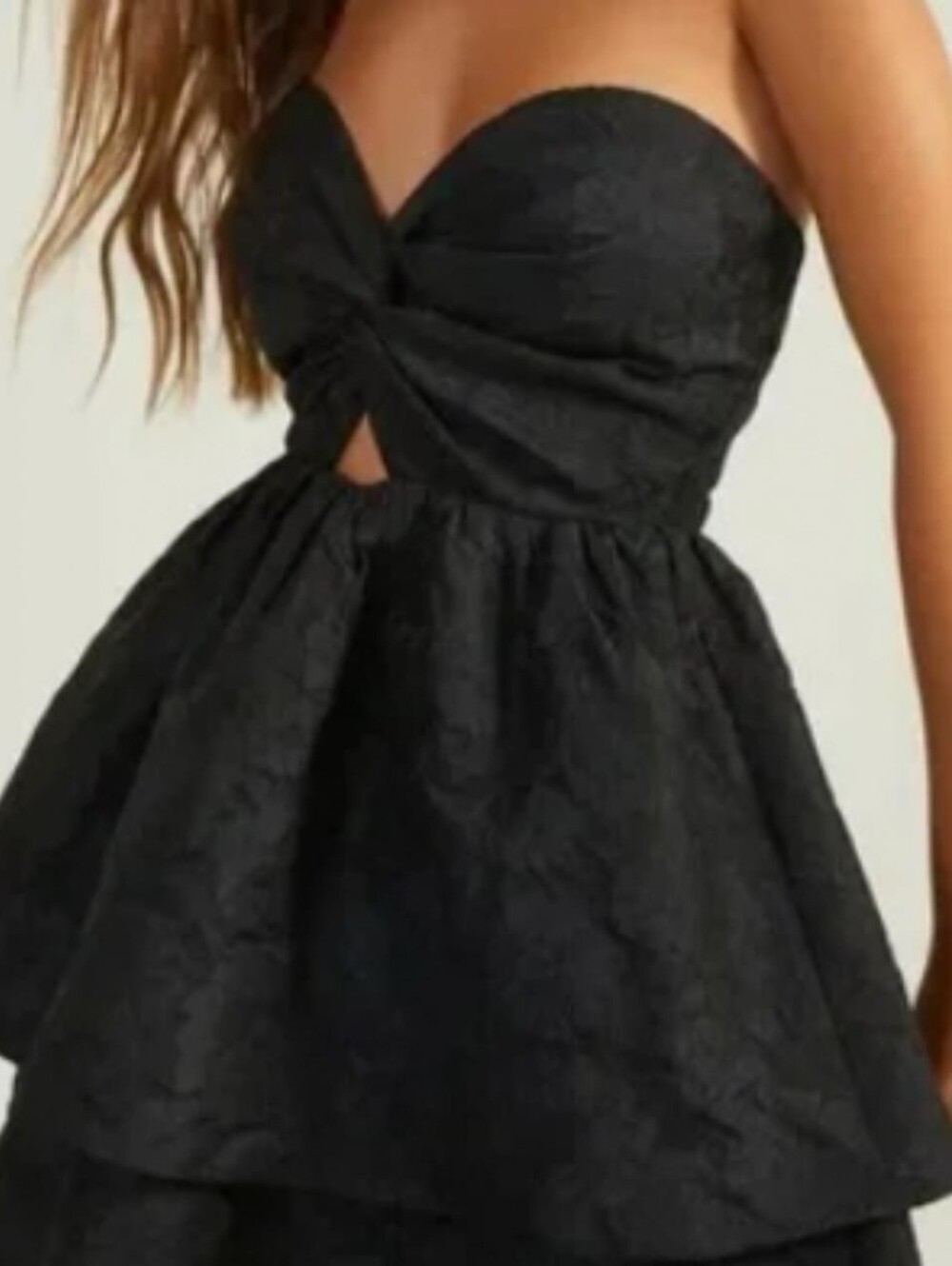 M Altar'd State Black Jacquard Martine Strapless Twist Front Dress